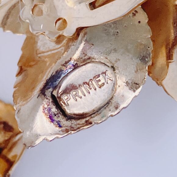 Signed Primex Mid Century Gold Tone Floral Brooch Earrings Set Leaf Flower - Picture 9 of 15